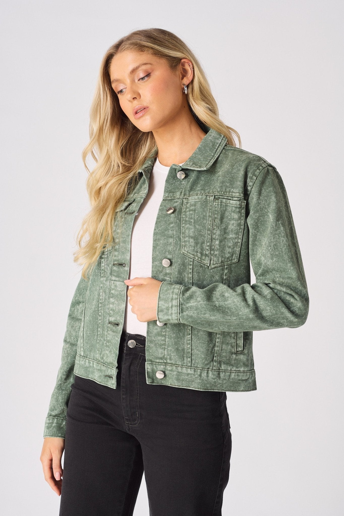 Sage Denim Trucker Jacket – Pearl Green - JMOJO - Women's Denim Jackets