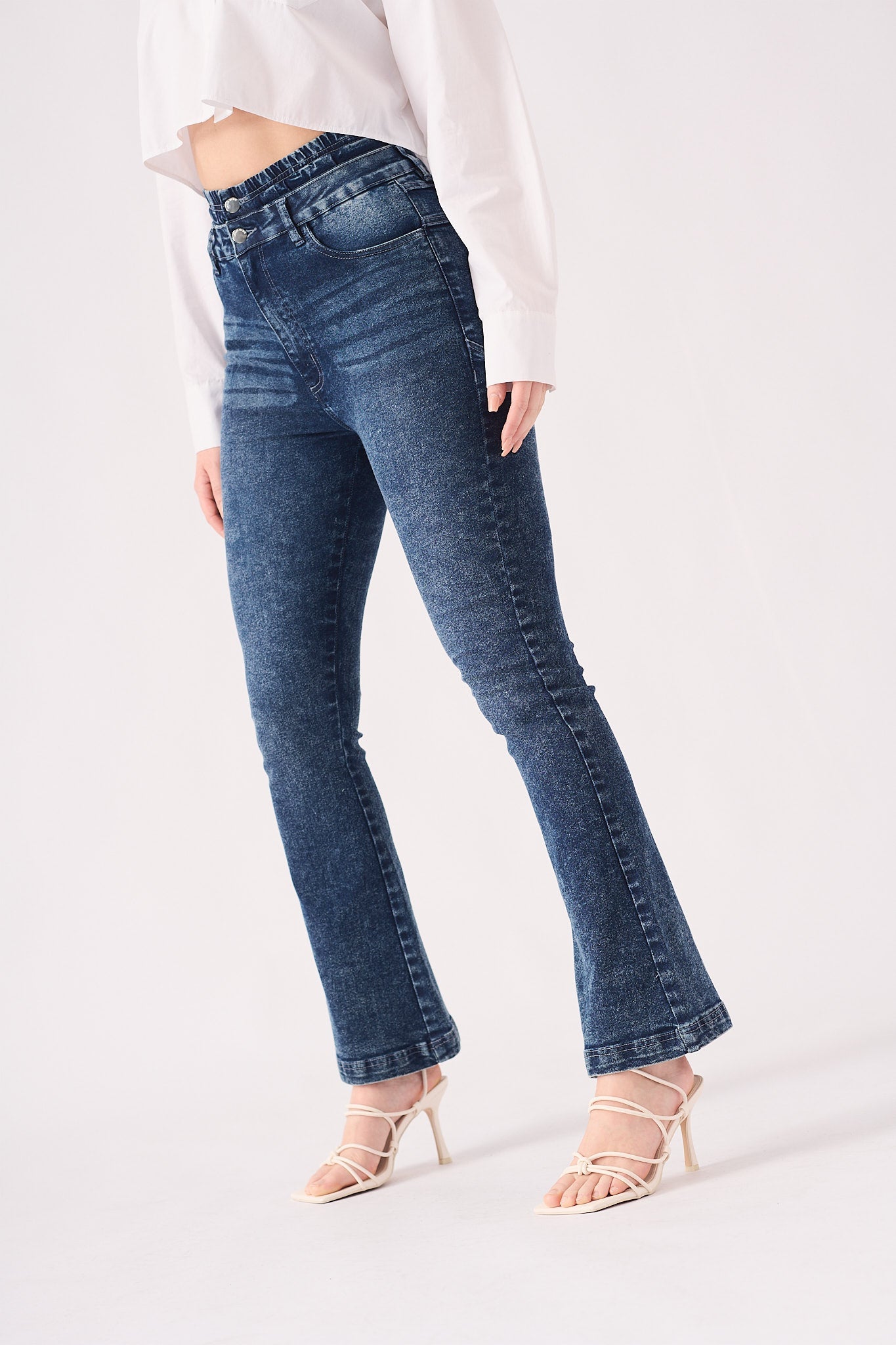 SCULPT DOUBLE WAISTBAND FLARE JEANS - MID BLUE - JMOJO - Women's Flare Jeans