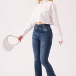 SCULPT DOUBLE WAISTBAND FLARE JEANS - MID BLUE - JMOJO - Women's Flare Jeans