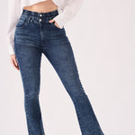 SCULPT DOUBLE WAISTBAND FLARE JEANS - MID BLUE - JMOJO - Women's Flare Jeans