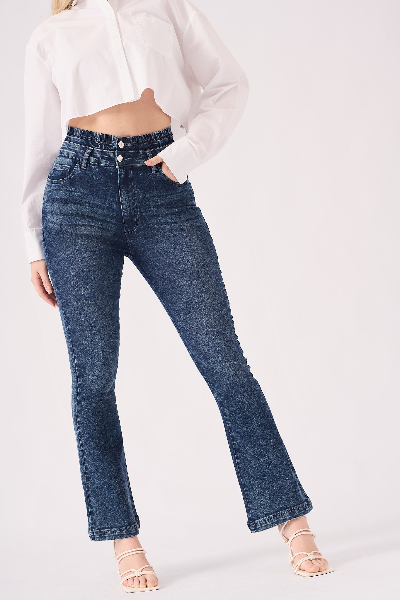 SCULPT DOUBLE WAISTBAND FLARE JEANS - MID BLUE - JMOJO - Women's Flare Jeans
