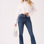 SCULPT DOUBLE WAISTBAND FLARE JEANS - MID BLUE - JMOJO - Women's Flare Jeans