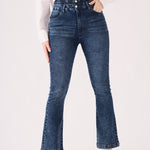 SCULPT DOUBLE WAISTBAND FLARE JEANS - MID BLUE - JMOJO - Women's Flare Jeans