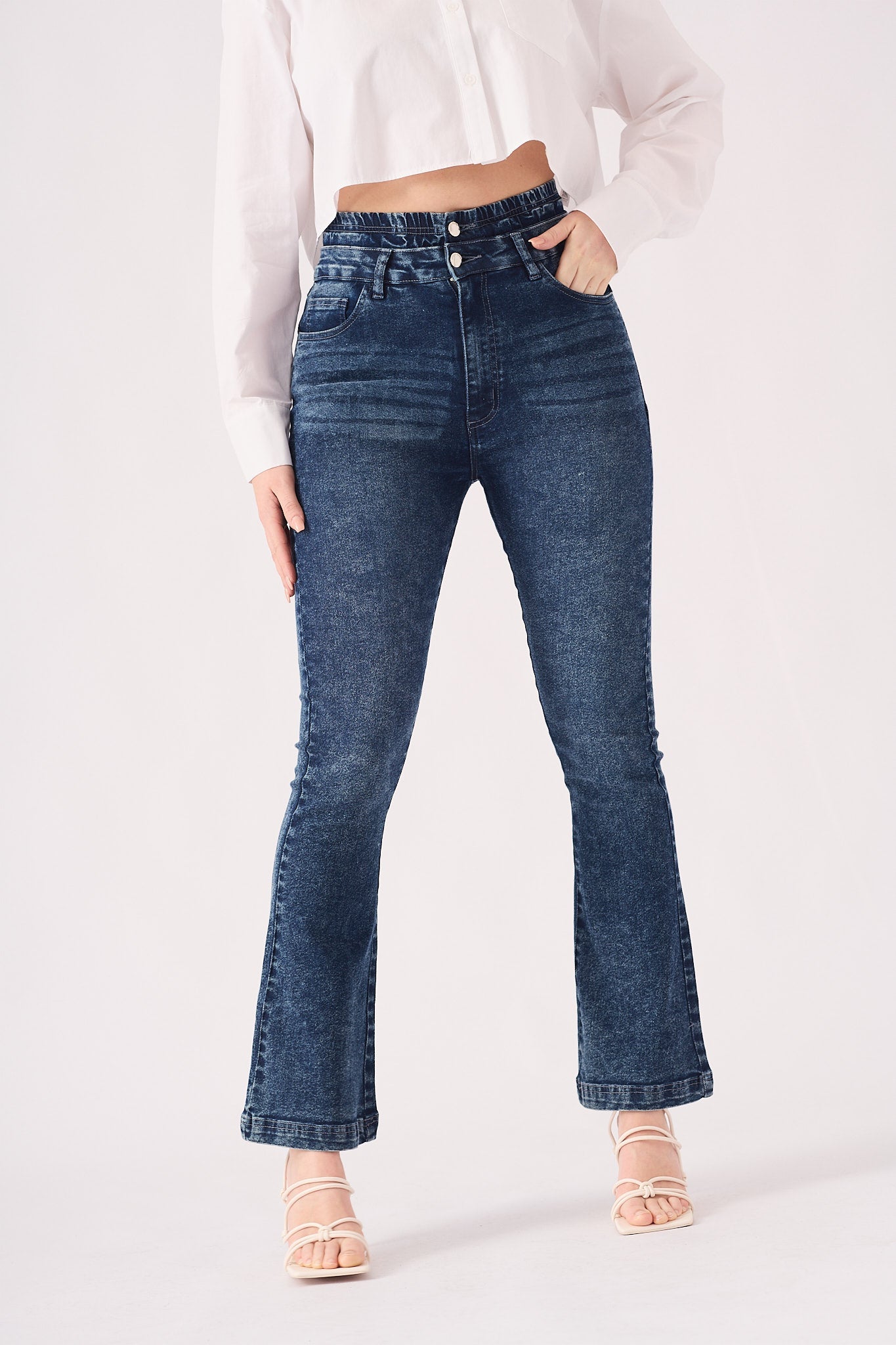 SCULPT DOUBLE WAISTBAND FLARE JEANS - MID BLUE - JMOJO - Women's Flare Jeans