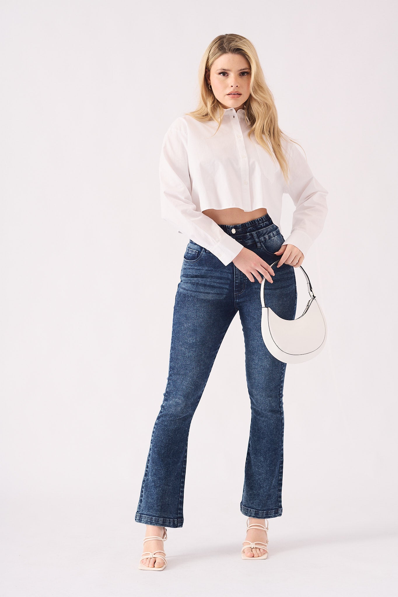 SCULPT DOUBLE WAISTBAND FLARE JEANS - MID BLUE - JMOJO - Women's Flare Jeans