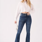 SCULPT DOUBLE WAISTBAND FLARE JEANS - MID BLUE - JMOJO - Women's Flare Jeans