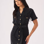 SHORT SLEEVE BELTED DENIM DRESS - BLACK - JMOJO - Women's Denim Dresses