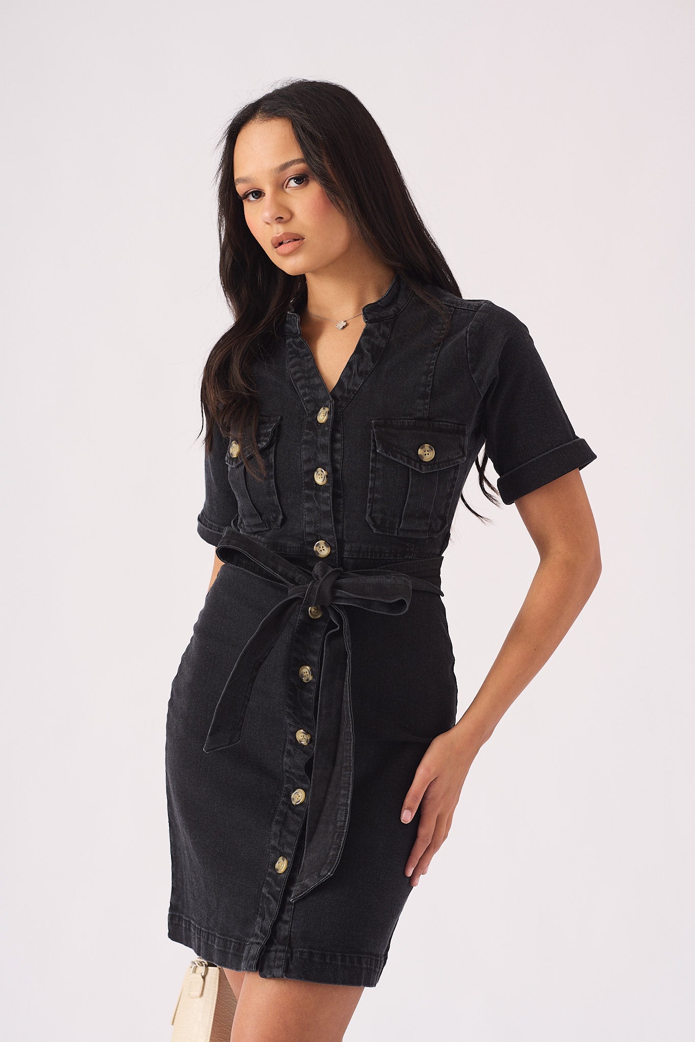 SHORT SLEEVE BELTED DENIM DRESS - BLACK - JMOJO - Women's Denim Dresses