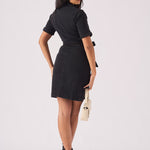 SHORT SLEEVE BELTED DENIM DRESS - BLACK - JMOJO - Women's Denim Dresses