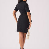SHORT SLEEVE BELTED DENIM DRESS - BLACK - JMOJO - Women's Denim Dresses