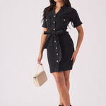 SHORT SLEEVE BELTED DENIM DRESS - BLACK - JMOJO - Women's Denim Dresses