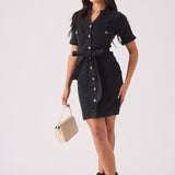 SHORT SLEEVE BELTED DENIM DRESS - BLACK - JMOJO - Women's Denim Dresses