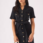 SHORT SLEEVE BELTED DENIM DRESS - BLACK - JMOJO - Women's Denim Dresses