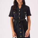 SHORT SLEEVE BELTED DENIM DRESS - BLACK - JMOJO - Women's Denim Dresses