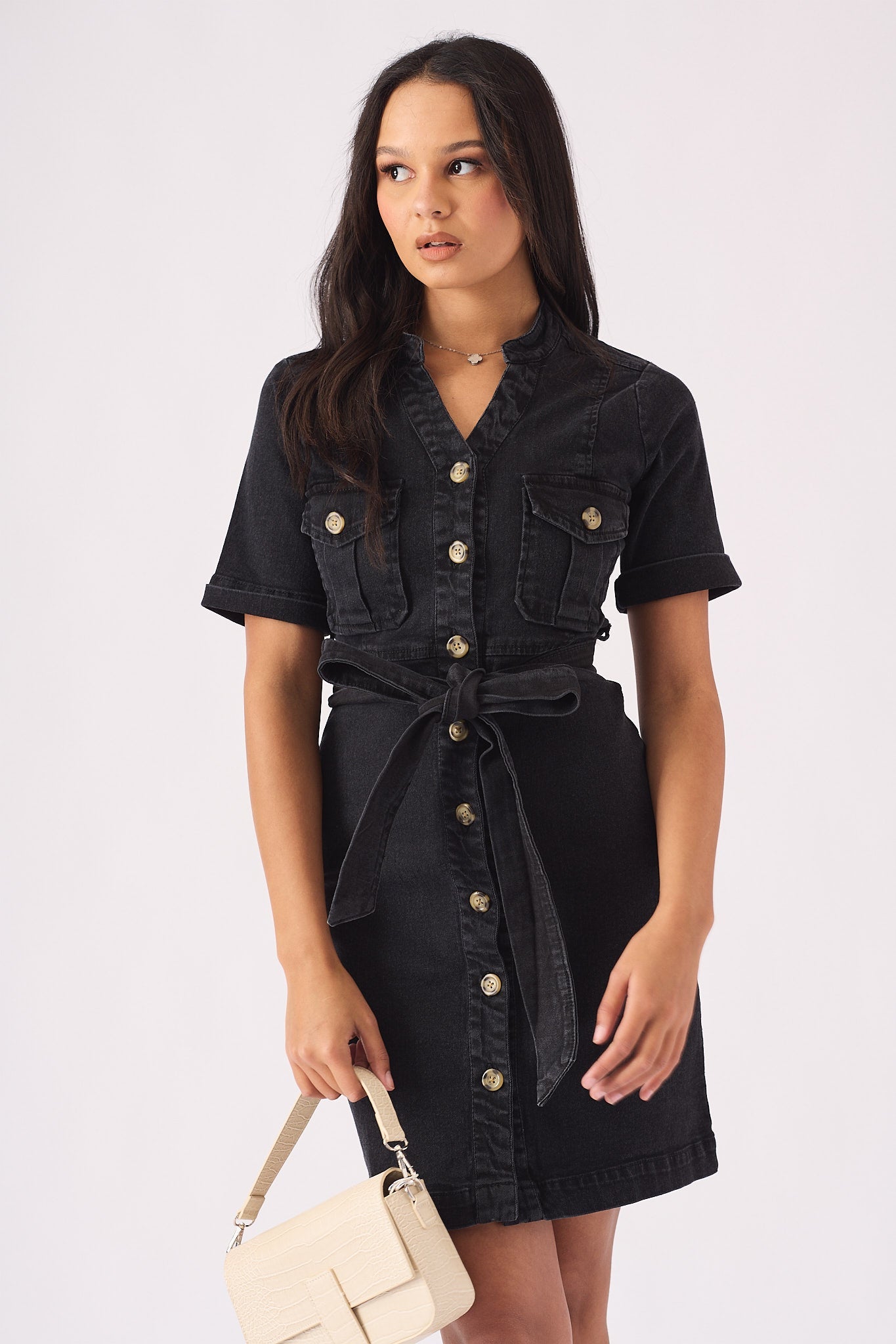 SHORT SLEEVE BELTED DENIM DRESS - BLACK - JMOJO - Women's Denim Dresses