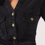 SHORT SLEEVE BELTED DENIM DRESS - BLACK - JMOJO - Women's Denim Dresses