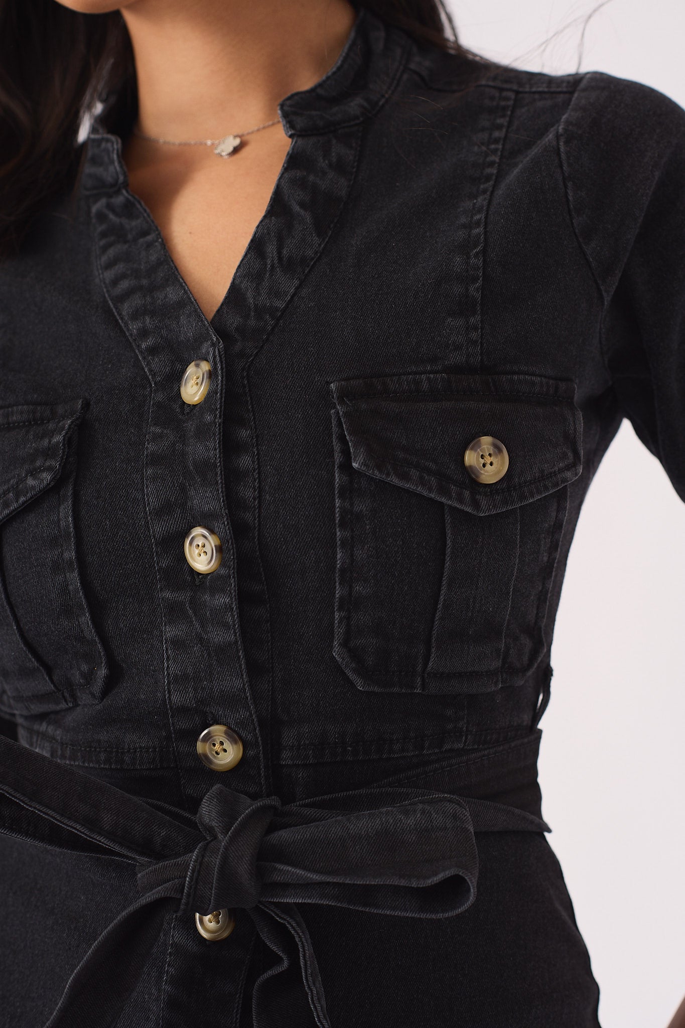 SHORT SLEEVE BELTED DENIM DRESS - BLACK - JMOJO - Women's Denim Dresses