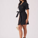 SHORT SLEEVE BELTED DENIM DRESS - BLACK - JMOJO - Women's Denim Dresses