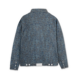 Speckle print denim jacket women - oversized button front jacket with matching cargo pants in blue grey acid wash pattern