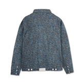 Speckle print denim jacket women - oversized button front jacket with matching cargo pants in blue grey acid wash pattern