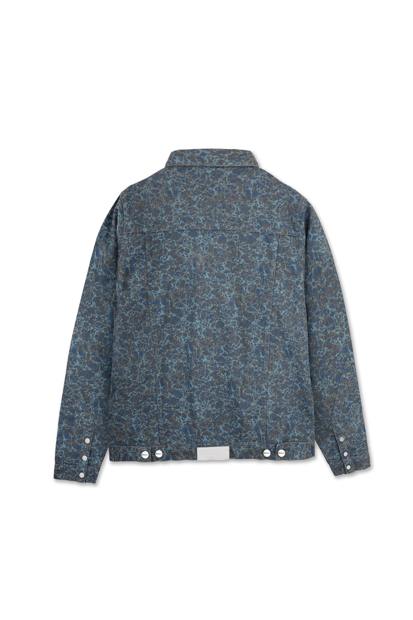 Speckle print denim jacket women - oversized button front jacket with matching cargo pants in blue grey acid wash pattern