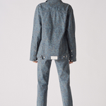 Back view of speckle print denim jacket showing Herman&Co label and blue grey mottled pattern detail - oversized cargo jacket