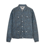 Front view of speckle print denim jacket with chest pockets - women's oversized blue grey patterned trucker jacket with cargo pants set