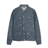 Front view of speckle print denim jacket with chest pockets - women's oversized blue grey patterned trucker jacket with cargo pants set