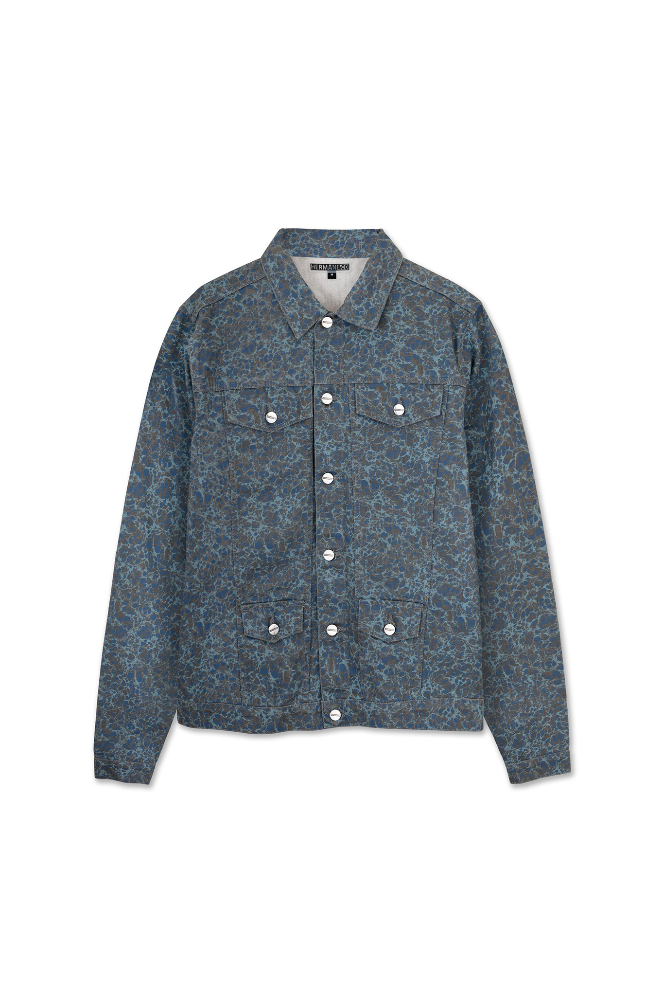 Front view of speckle print denim jacket with chest pockets - women's oversized blue grey patterned trucker jacket with cargo pants set