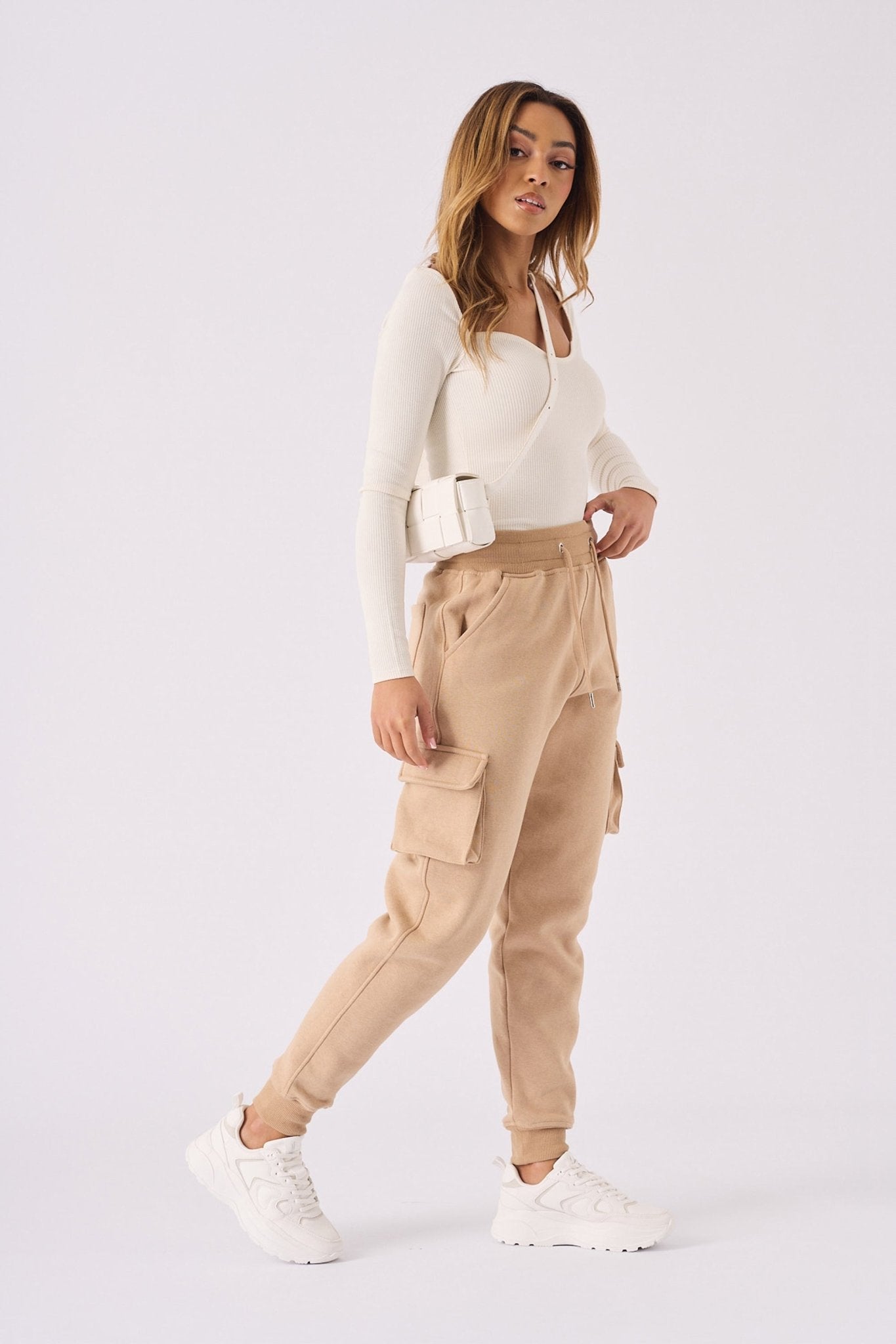 Rear view of the stone relaxed fit jogger showing the comfortable fit.