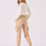 Detailed close up of the side cargo pocket on the stone joggers.