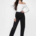 Model with hand on hip wearing Straight Leg Black Wash Jeans Women's