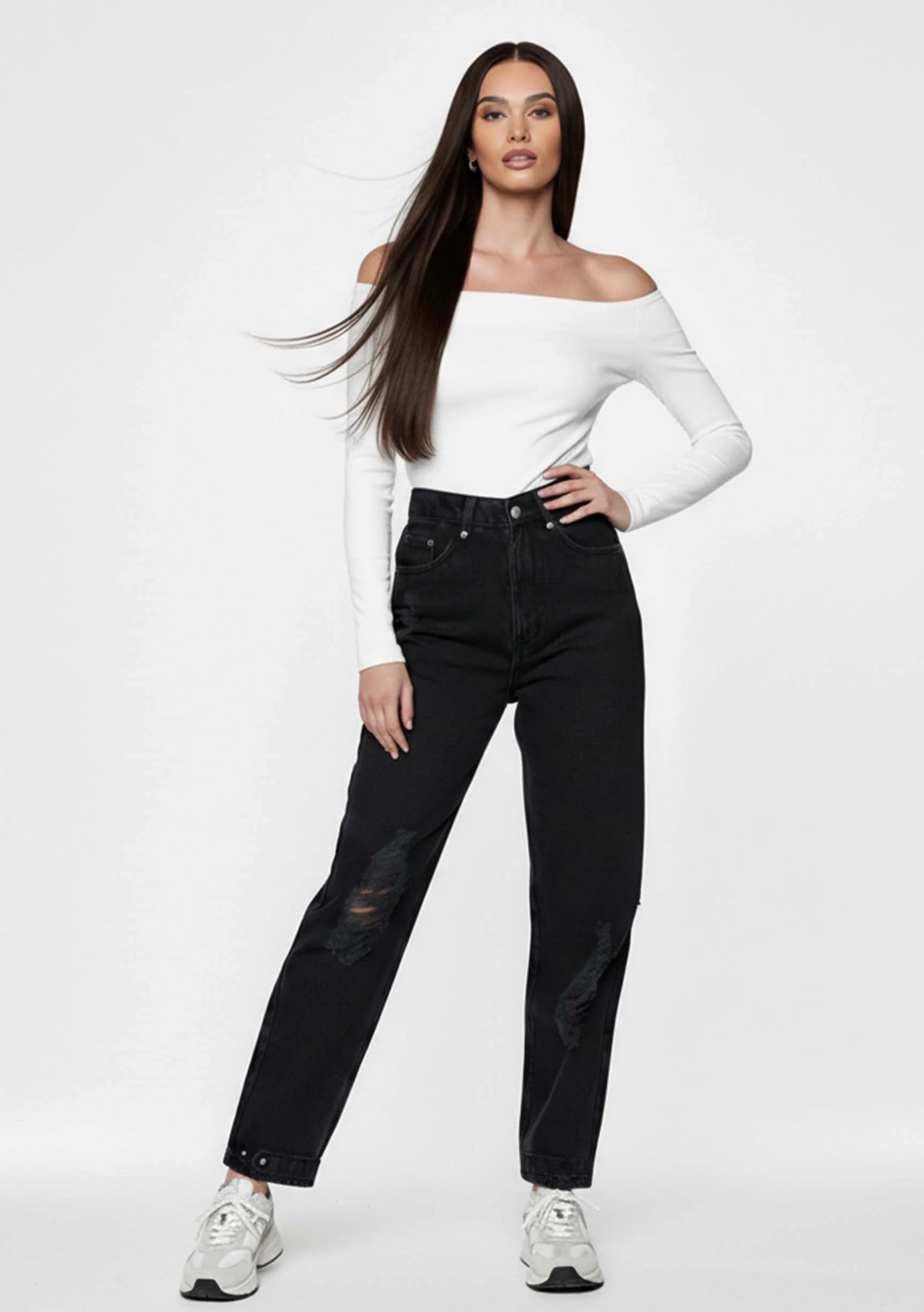 Model with hand on hip wearing Straight Leg Black Wash Jeans Women's