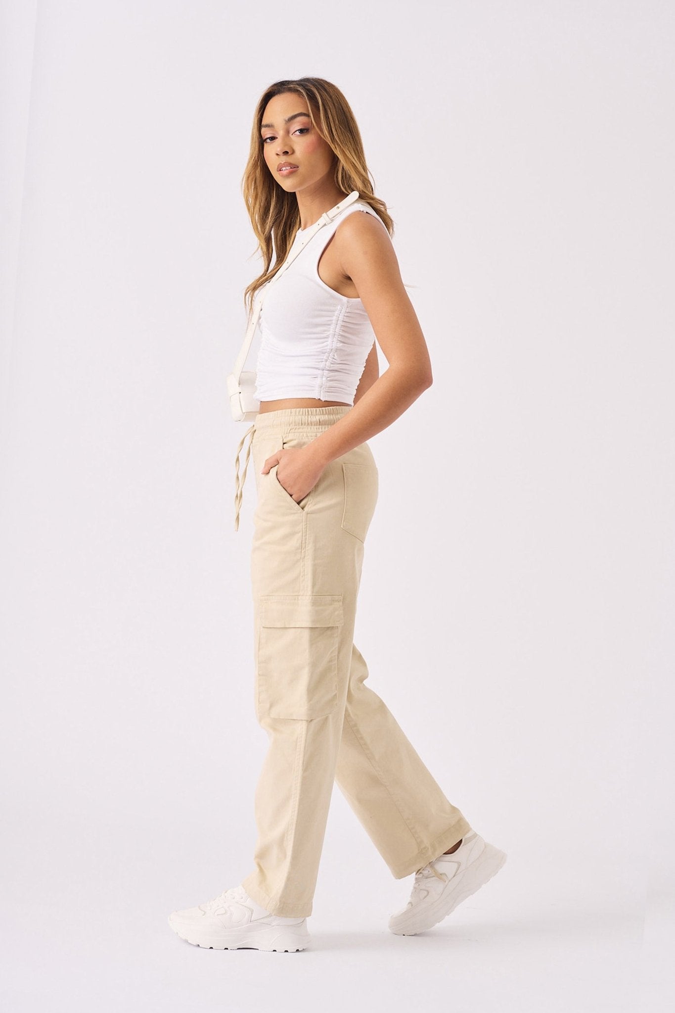 STRAIGHT LEG CARGO TROUSERS - BEIGE - JMOJO - Women's Straight Leg Cargo Trouser