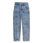 Front view of the tapered blue acid wash mom jean laid flat.