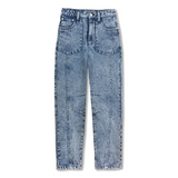 Front view of the tapered blue acid wash mom jean laid flat.
