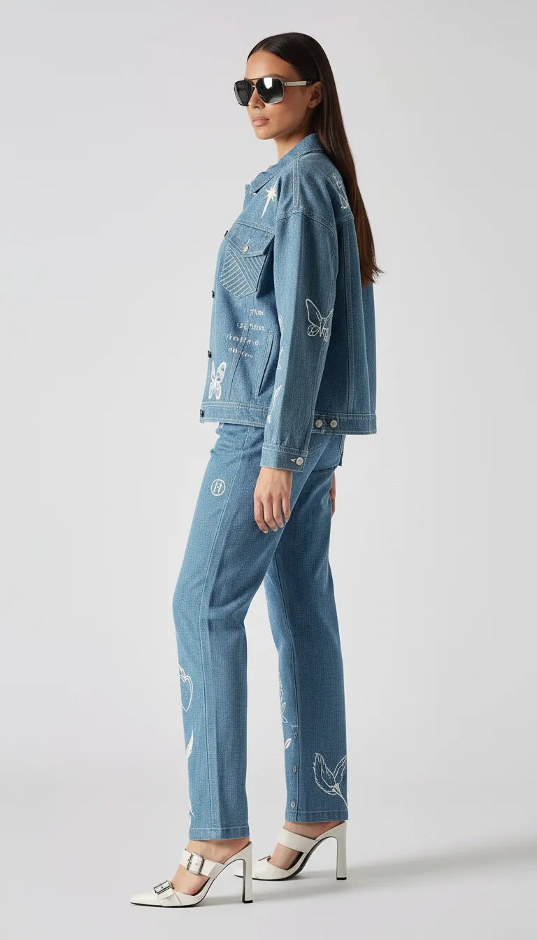 Back and side angle of mid wash tattoo print denim jacket showing sleeve and back embroidery - women’s oversized set with celestial and floral designs on cargo pants