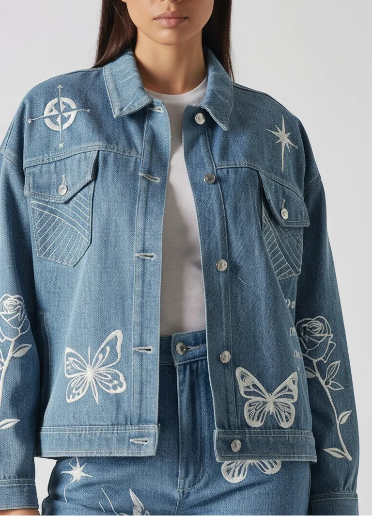 Upper body close up of mid wash tattoo print denim jacket showing collar, placket, chest pockets, and embroidered motifs including compass, star, rose, and butterfly over white tee