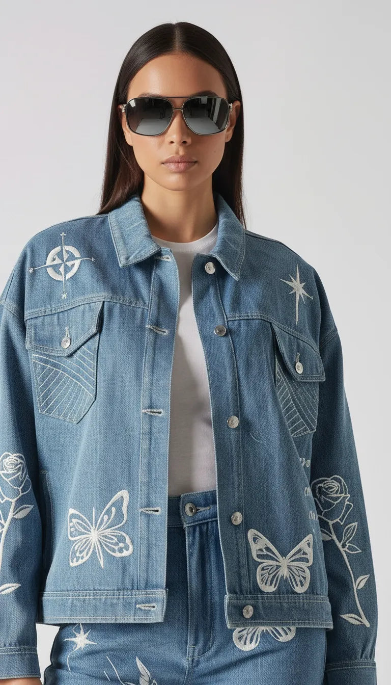 Upper body close up of mid wash tattoo print denim jacket showing collar, placket, chest pockets, and embroidered motifs including compass, star, rose, and butterfly over white tee