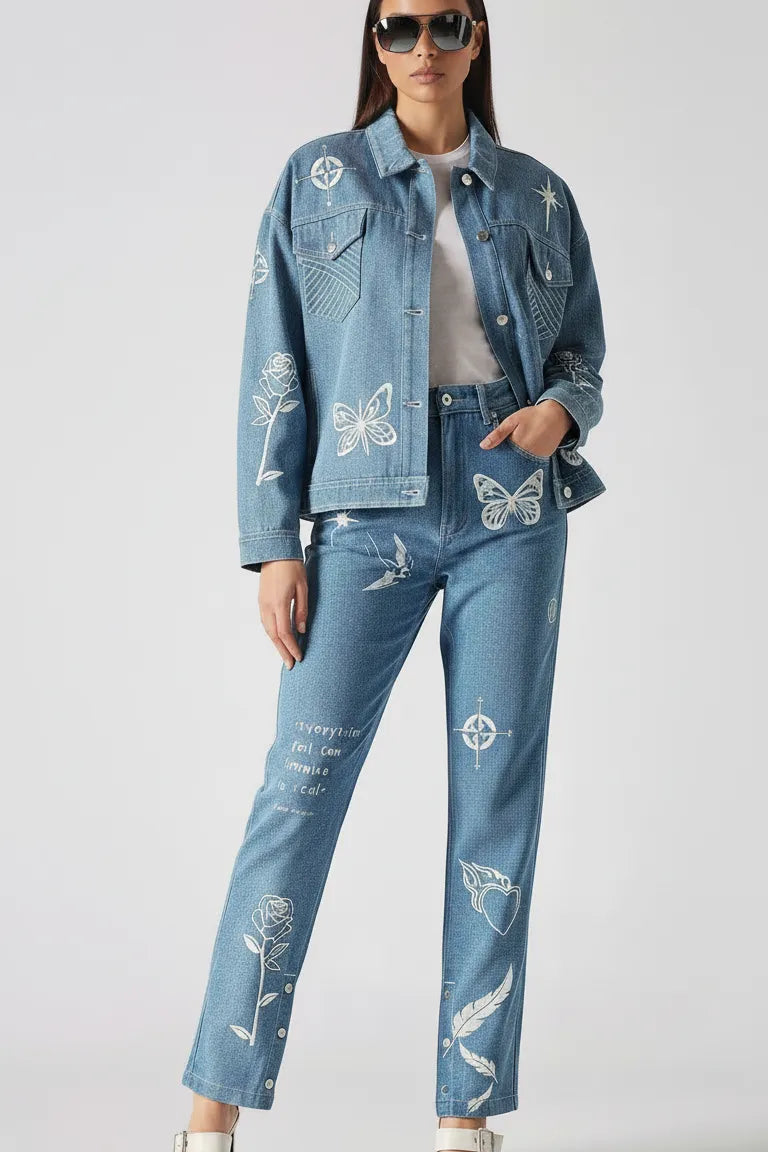 Full front standing pose of mid wash tattoo print denim jacket showing all embroidery details - women’s matching cargo pants with butterfly, rose, feather, and text motifs