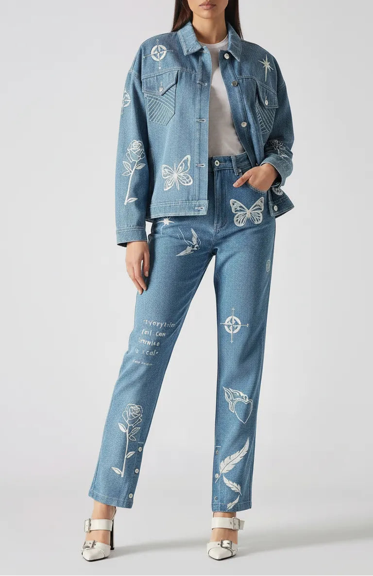 Full front standing pose of mid wash tattoo print denim jacket showing all embroidery details - women’s matching cargo pants with butterfly, rose, feather, and text motifs