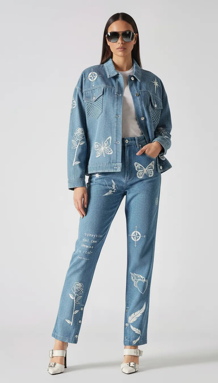 Full front standing pose of mid wash tattoo print denim jacket showing all embroidery details - women’s matching cargo pants with butterfly, rose, feather, and text motifs