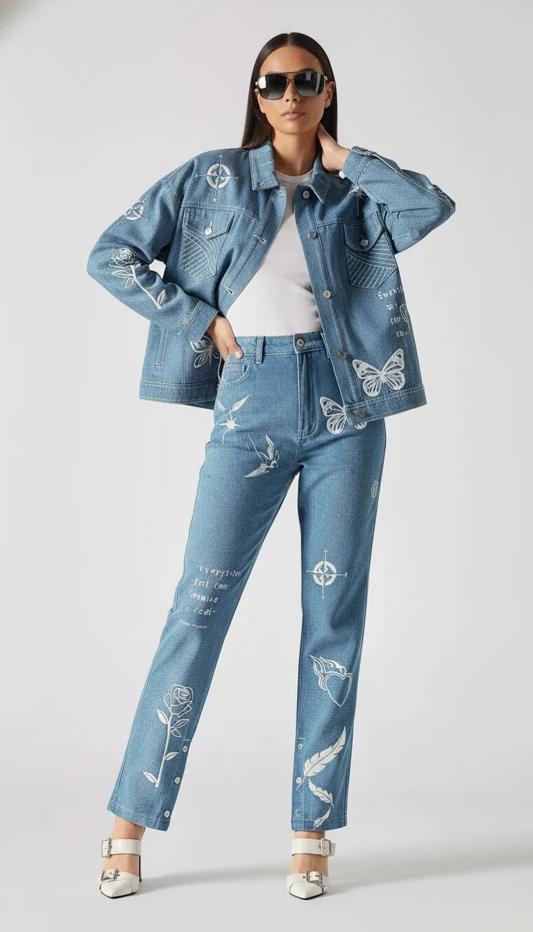 Front pose of mid wash tattoo print denim jacket with hand behind neck showing sleeve embroidery - women’s oversized set with celestial symbols and floral details on cargo pants
