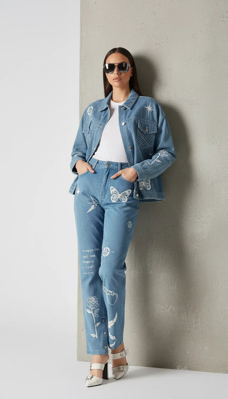 Front view of mid wash tattoo print denim jacket worn open over white tee - women’s oversized embroidered set with hands in pockets and concrete wall backdrop