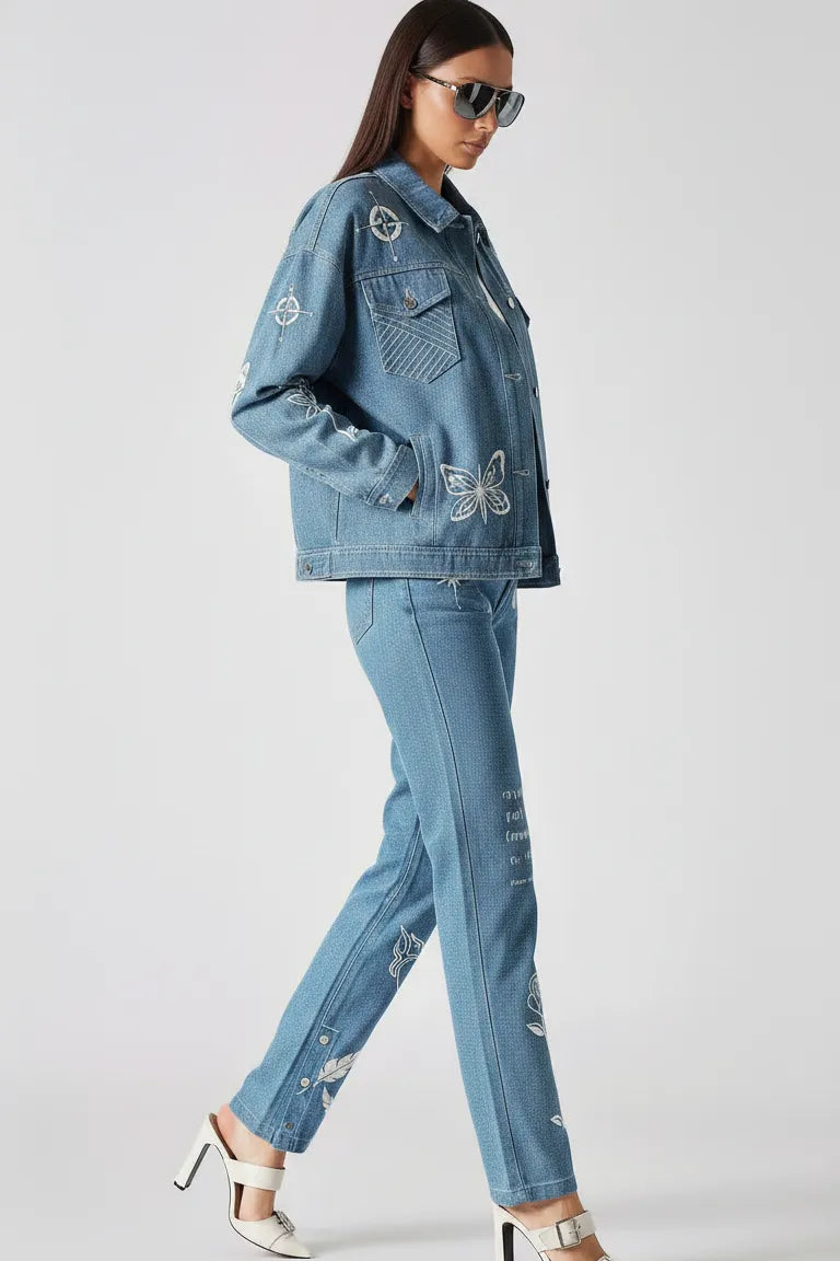 Side walking pose of mid wash tattoo print denim jacket with white embroidery - women’s matching cargo pants set featuring butterfly, rose, and compass motifs