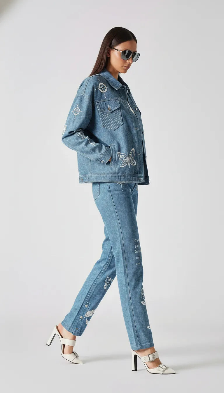 Side walking pose of mid wash tattoo print denim jacket with white embroidery - women’s matching cargo pants set featuring butterfly, rose, and compass motifs