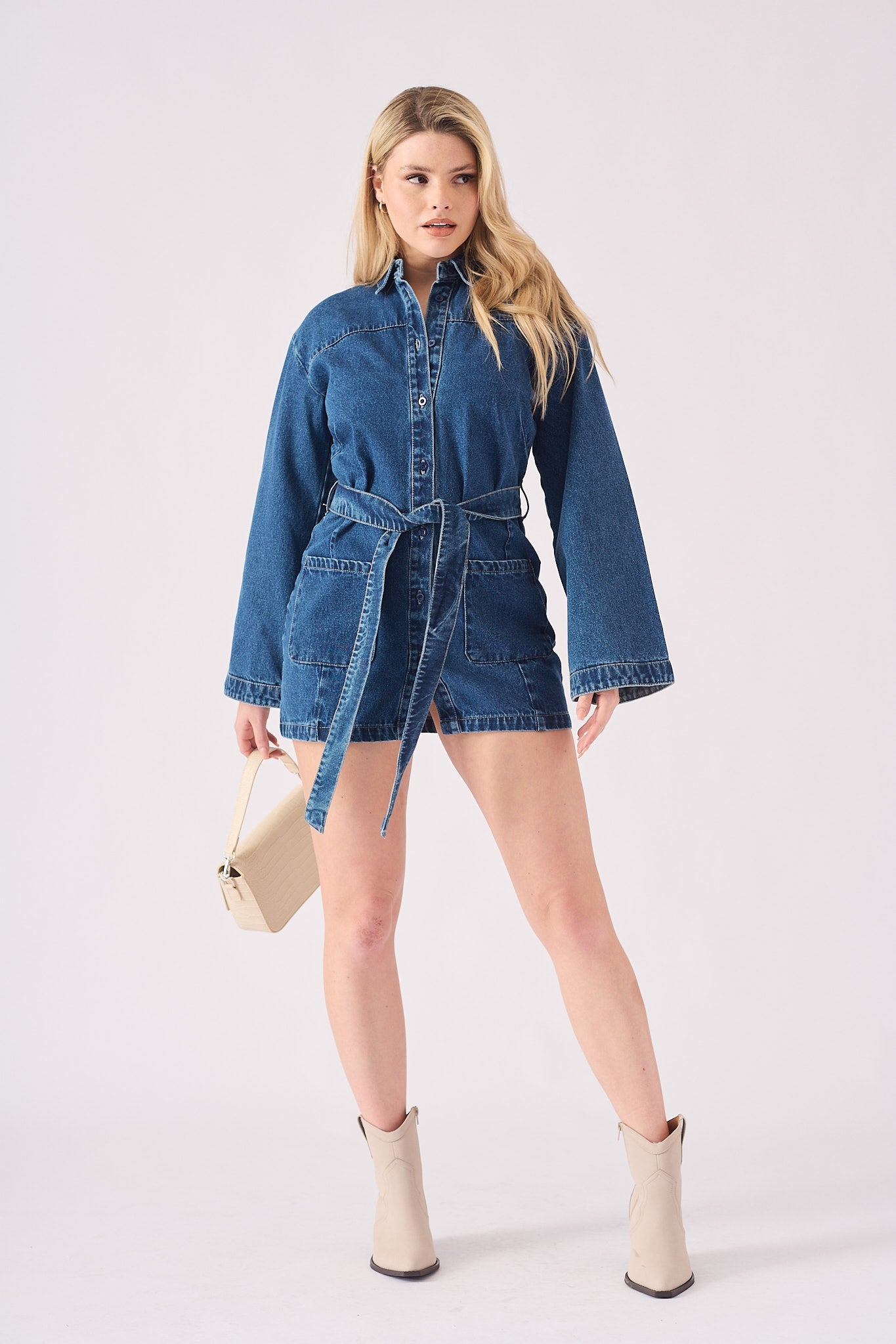 TIE WAIST DRESS - BLUE - JMOJO - Women's Denim Dresses
