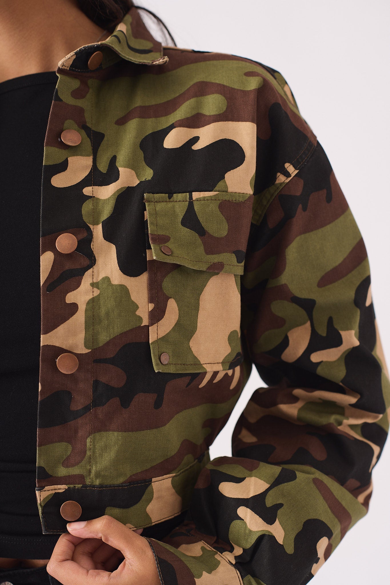 Trek Military Cropped Denim Jacket – Camo - JMOJO - Women's Cropped Denim Jackets