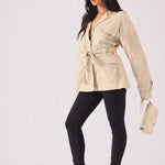 Utility Pocket Denim Cargo Jacket - BEIGE - JMOJO - Women's Cargo Denim Jackets Dress