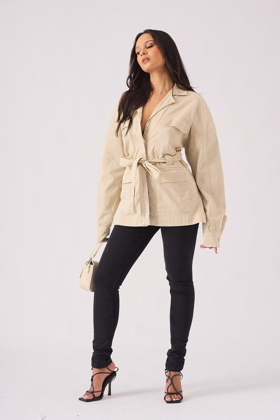 Utility Pocket Denim Cargo Jacket - BEIGE - JMOJO - Women's Cargo Denim Jackets Dress